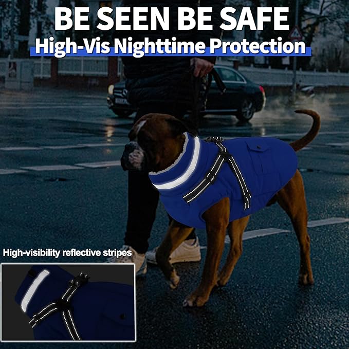 Dogcheer Dog Coat with Harness, Waterproof Warm Dog Winter Jacket with Pockets, Reflective Pet Fleece Jacket Turtleneck Snowsuit for Small Medium Large Dogs - Blue, L