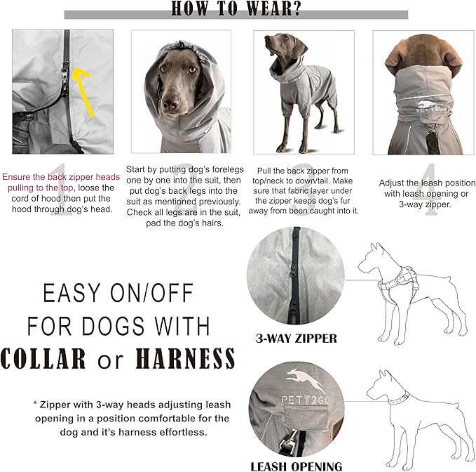 Dog Lightweight Windbreaker, Pet Outdoor Sports Jacket, 0.5 lbs,3 in One, Hooded, Easy on/Off with Collar and Harness, Reflective Piping, Packable, Dog Hiking/Camping, Grey (Medium)
