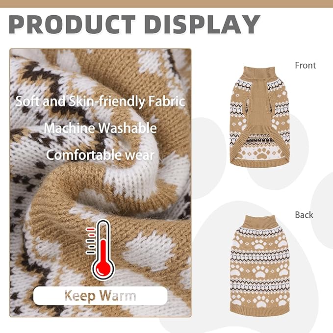 KOOLTAIL Cable Knit Dog Sweater Turtleneck, Cold Weather Pullover Classic Knitwear, Cute Paws Pattern Thick Warm Winter Pet Clothes, Dog Christmas Sweater for Small Medium Large Dogs Cats, Khaki L