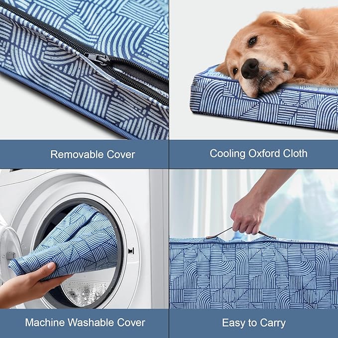 Outdoor Dog Bed for Medium Dogs, Waterproof Dog Crate Mat Orthopedic Egg Crate Foam Pet Bed with Washable Removable Oxford Cover, White Blue