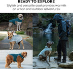 Furhaven Reversible Medium Dog Coat, Washable & Insulating w/ Leash Access - Two-Tone Faux Fur & Quilted Fleece Flex-Fit Jacket - Marine Blue, Medium