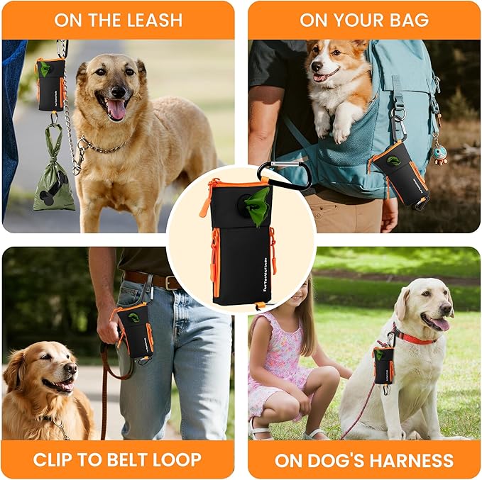 Dog Poop Bag Holder for Leash with 2 Waterproof Storage Pouches, Carabiner Clip, Zipper Soft Dog Pouch for Pet Waste Bags, Dog Walking, Training, Travel (Black)