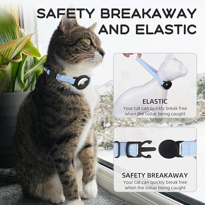 AirTag Cat Collars, Stretchy Collar with Apple AirTag Holder and Bell, Breakaway Ultra Design Elastic GPS Tracking Collars for Cats and Puppies, (7.5-12.5 Inch), Blue