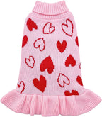 cyeollo Small Dog Sweater Dress Valentines Day Dog Clothes Pullover Turtleneck with Leash Hole Heart Pattern Holiday Theme Female Pet Apparel