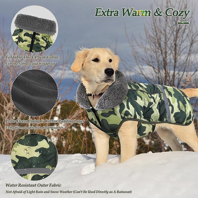 Dogcheer Warm Dog Coat, Waterproof Dog Jacket Reflective Adjustable Puppy Winter Coat with Buckle, Christmas Pet Snow Jacket Turtleneck Fleece Sweater for Small Medium Large Dogs- Camo Green, 3XL