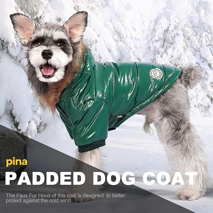PINA Dog Winter Coat with Faux Fur Hood, Windproof and Warm, Suitable for Small to Large Dogs, Green, XL