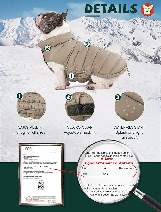 SPACE LION Dog Puffer Jacket, Down Winter Coat, Durable Outdoor Coat for Cold and Windy Conditions, Waterproof, Lightweight Jacket, Adjustable Fit for Small, Medium, Large Dogs(Khaki,24/2XL)