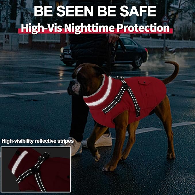 Dogcheer Dog Coat with Harness, Waterproof Warm Dog Winter Jacket with Pockets, Reflective Pet Fleece Jacket Turtleneck Snowsuit for Small Medium Large Dogs - Red, L