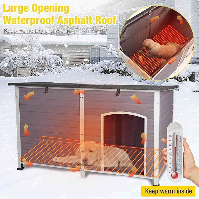 Aivituvin Outdoor Heated Dog House 59" Extra Large Insulated Dog Kennel with Insulation Liner & Heating System for Winter,All-Around Iron Frame Cage,Grey