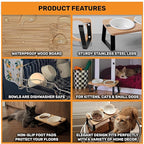 Elevated Cat Bowl Stand for Food and Water – Anti-Vomit Raised Feeding Station with Tilted Stand – Cat Ear Design, Removable Ceramic Bowls, Anti Slip Bamboo Base, Dishes for Indoor Cats & Kittens