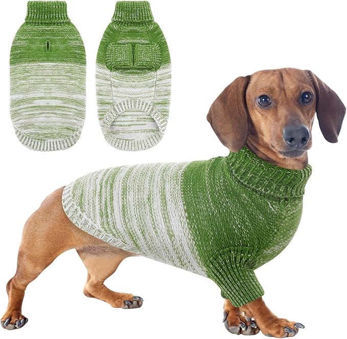 Queenmore Knitted Pullover Dog Sweater,Turtleneck Pet Cat Sweater, Cold Weather Puppy Clothes Stitching Knitwear with Leash Hole for Small Medium Dogs(Green,M)