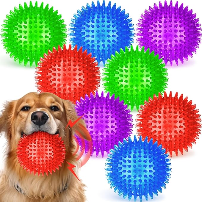 8 Pack 4.5 Heavy Duty Squeaky Dog Balls for Medium Large Dogs Large Spiky Ball Toys for Aggressive Chewers Pet Training Clean Teeth Outdoor, 4 Colors