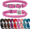 BRONZEDOG Rolled Leather Dog Collar for Small Medium Large Dogs with QR ID Tag (L: 16-18 Inch, Hot Pink)
