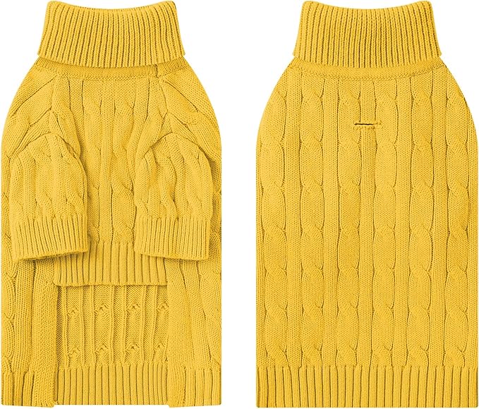 Small Dog Thermal Pullover Sweater, Classic Turtleneck Cable Knitwear Dog Clothes for Cold Weather Warm Pet Clothes for Chihuahua, Bulldog, Dachshund, Pug Yellow X-Large