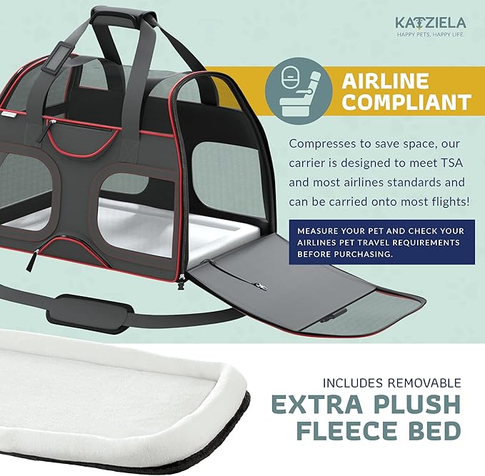 TSA and Airline Approved Pet Carrier with Wheels Katziela Luxury Rider for Dogs Cats Removable Base Flexible Top to Fit Under Seat Rolling Travel Bag (Black/Red)