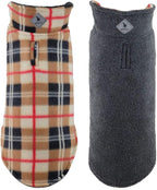 The Worthy Dog Fargo Fleece Plaid Dog Jacket, Adjustable Reversible with Harness Hole, Wind-Resistant, Winter Outdoor Clothes for Pets, Tan - 30''