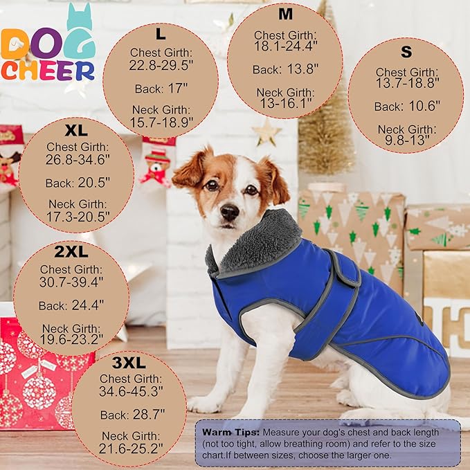 Dogcheer Dog Coat, Waterproof Dog Jacket Reflective Pet Winter Coat with Adjustable Hook & Loop, Christmas Puppy Fleece Jacket Warm Turtleneck Snowsuit for Small Medium Large Dogs - Blue, XL