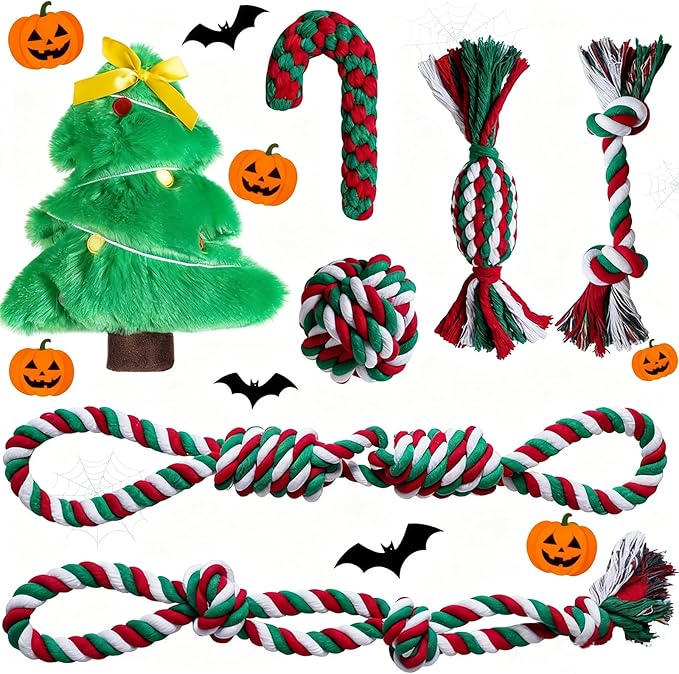 Aitmexcn Christmas Dog Rope Toys Set, 7 Pack Cotton Dog Toys for Large Dogs and Medium Small, Cute Interactive Squeaky Toy, Chewing Puppy Gaming Toy for Teeth Cleaning