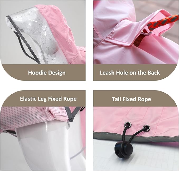 MAMORE Dog Raincoat Waterproof, Lightweight Adjustable Dog Rain Coat Hooded Poncho with Reflective Strip for Large Medium Small Dogs (Pink, Medium)