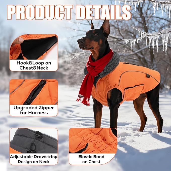 EMUST Winter Dog Coat for Medium Boys - Thick Clothes with Harness Hole for Cold Weather, Orange, M