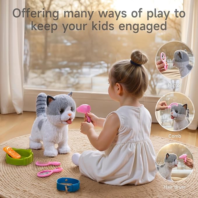 OR OR TU Walking Toy Cat with Remote Control Leash, Plush Cat Electronic Interactive Toys for Kids, Shake Tail, Licking, Pretend Dress Up Realistic Stuffed Animal Cat Age 3 4 5 6+ Years Old Best Gift