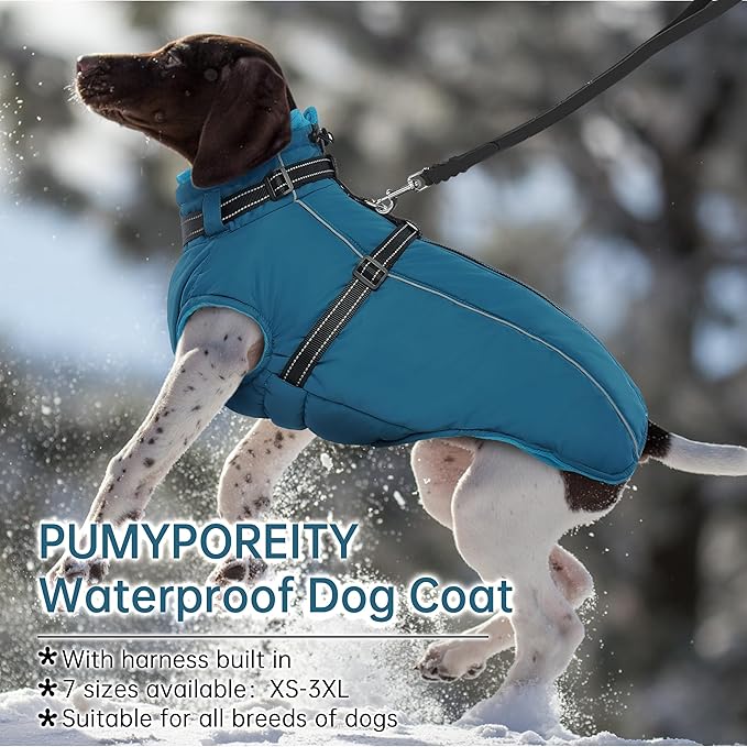 PUMYPOREITY Snow Jacket for Large Dogs Waterproof, Warm Dog Winter Coat with Harness Built in, Fleece Jacket with Back Zipper, Cold Weather Coats for Outdoor, Windproof Pet Snowsuit, Blue, 3XL