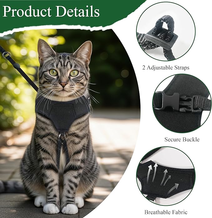 A1HC Escape Proof Cat Harness and Leash - Soft Adjustable Vest, Comfortable Mesh and Long Strips with Air Tag Pocket, Easy Control, Safe Walking Harness for Cats & Kittens - Black (Large)
