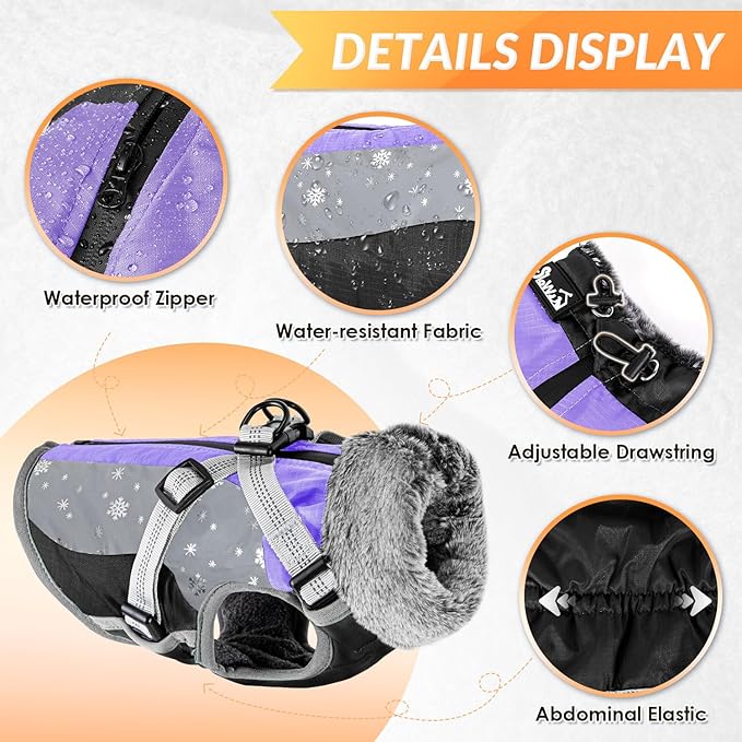 SlowTon Dog Jacket with Harness Built in - Waterproof Fleece Winter Warm Dog Coats for Small Medium Dogs, Reflective Adjustable Furry Puppy Vest Clothes for Outdoor Walking (Purple & Grey, M)