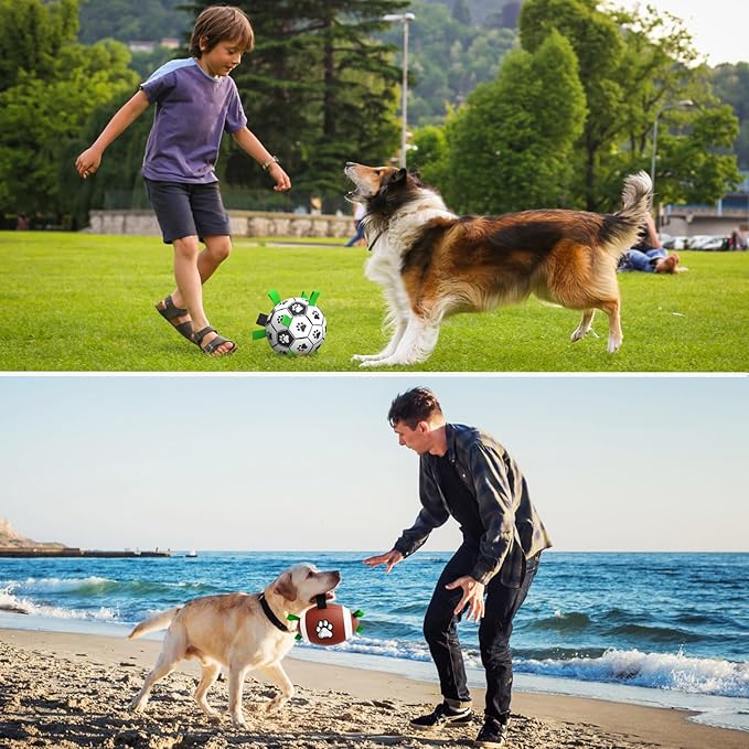 QDAN Dog Soccer Ball Football Set - 2 PCS Dog Balls with Strap for Tug of War, Soccer Ball Football Toys for Small Medium Large Dogs, Herding Ball for Dogs, Dog Birthday Toy