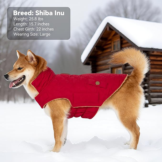Dog Coat, Warm Soft Dog Winter Coats for Small Dogs, Waterproof Windproof Dogs Adjustable Jacket with Fleece Lined Turtleneck Doggy Snowsuit with Leash Hole, Red Large