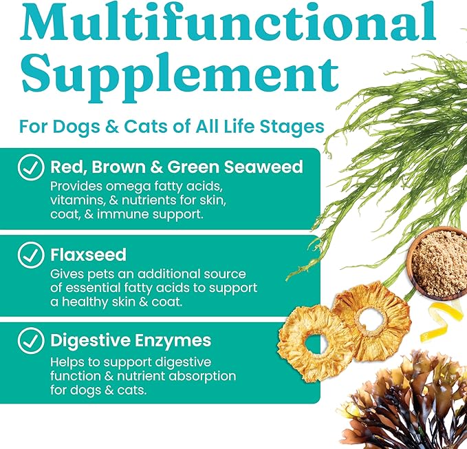 Solid Gold Cat & Dog Multivitamin Powder - Kelp Powder, Omega 3 & Vitamins for Dental, Digestive, Immune, Skin & Coat Health - Multi Vitamin for Dogs & Cats - Cat & Dog Food Additive Supplement - 5oz