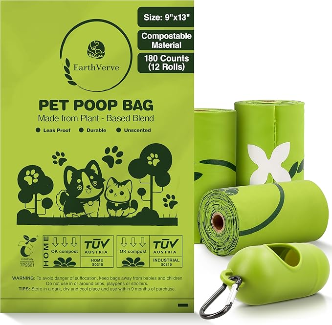 Dog & Cat Compostable Poop Bags (180 Counts w/Dispenser) - Plant Based, Enhanced Leak-Resistant, Odor-Resistant & Durable – Unscented,Sustainable Cleanup Solution –10% to Animal Rescue
