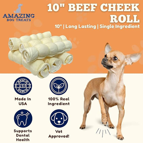 Amazing Dog Treats - Beef Cheek Rolls (Mega Thick 10" - 3 Pcs) - Safe Rawhide Alternative Dog Chew - Great for Power Chewers - Long Lasting Dog Chew - Retriever Rolls for Dogs