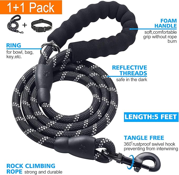 Reflective Dog Collar Padded with Soft Neoprene Breathable Adjustable Nylon Dog Collars for Small Medium Large Dogs (Medium (Pack of 1), Black Collar+Leash)