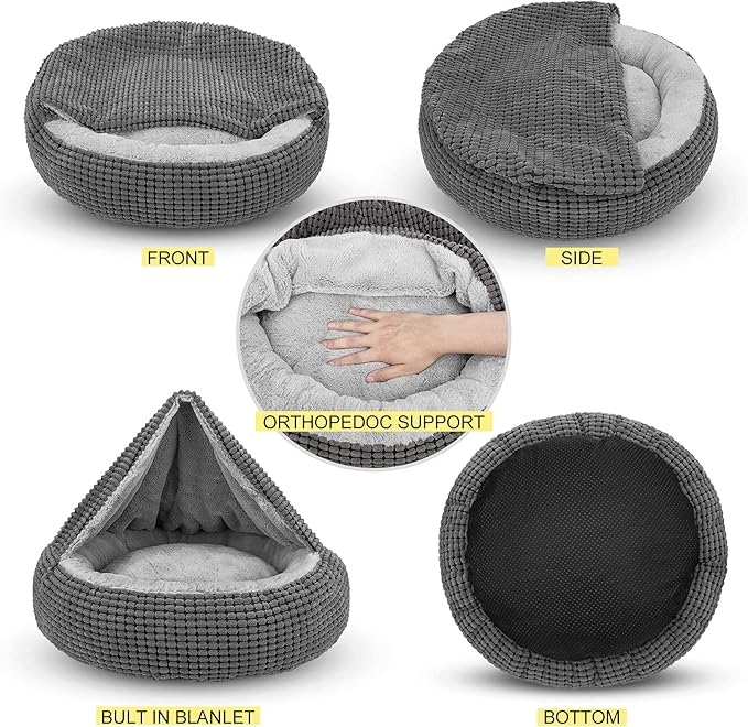 SIWA MARY Dog Bed with Attached Blanket for Small Dogs or Cats, Soft Plush Cozy Donut Cuddler Hooded Pet Beds Washable. Round Puppy Bed Orthopedic, Calming Cat Cave Bed. Anti-Slip Bottom 26inch