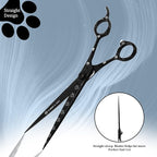 Professional Dog Grooming Scissors/Shears, Straight, with Paw Prints for Dogs, Cats & Pets (Right Handed, Black, Stainless Steel 8 Inch)
