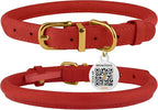 BronzeDog Rolled Leather Dog Collar with QR ID Tag, Adjustable Soft Round Collars for Small Medium Large Dogs Puppy (14" - 16" Neck Size, Classic Red)