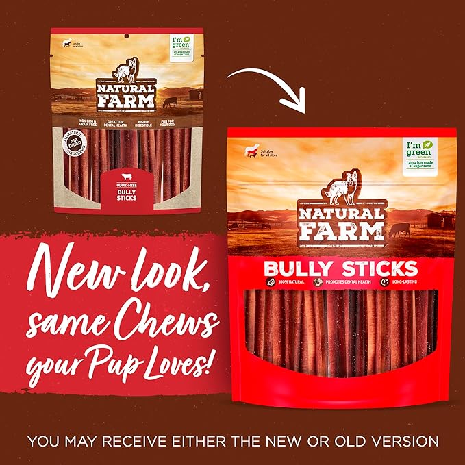 Natural Farm Odor-Free Bully Sticks (6”, 8oz) All-Natural Long-Lasting Chews, 100% Beef Pizzle, Grass-Fed, Grain-Free, Hormone-Free, Protein for Muscle Development & Energy, Perfect for Medium Dogs