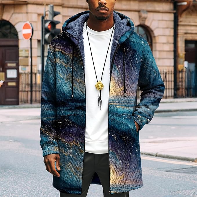 LIZALIG Long Hooded Cardigan Men Japanese Art Style Fashion Cool Graphic Coats Winter Warm Lined Fleece Jacket
