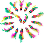CHIWAVA 24PCS 5" Rattle Cat Toys Mice with Feathers Rainbow Rope Mouse Kitten Interactive Toy Assorted Color