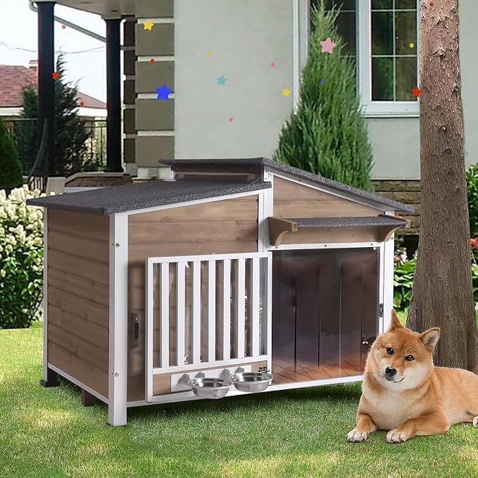 Dog House Outdoor for Large Breed with Anti-Chewing Iron Frame, Weatherproof Puppy Kennel with 360° Rotating Bowls, Dog Crate for Small & Medium Dogs Outside (Light Brown)