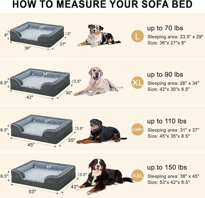 Orthopedic Dog Beds for Extra Large Sized Dogs, Waterproof Memory Foam XL Pet Bed with Sides 42x30Inch, Non-Slip and Egg-Crate Foam Big Dog Couch Bed with Removable Washable Cover, Dark Grey