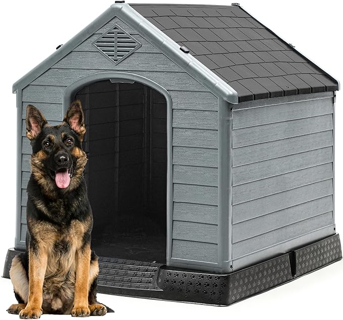 DWVO Plastic Dog House, Weatherproof Outdoor/Indoor Doghouse, Puppy Kennel with Air Vents and Elevated Floor