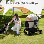 Pet Stroller with 4 Wheels, 4 in 1 Folding Puppy Strollers for Small/Medium Dogs up to 66lbs, Lightweight Pet Travel Carrier with Detachable Carrier/Storage Basket, One Click Folding, Beige
