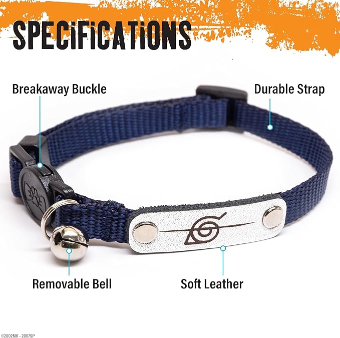Naruto Breakaway Cat Collars for Girl & Boy Cats | Officially Licensed Naruto Shippuden Hidden Leaf Village Pet Accessories & Gifts, (8.5” to12”) Adjustable Cute Kitten Collar with Bell (Navy, Rogue)