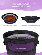 Gobeigo Dog Treat Pouch with Silicone Snack Bag, Front Pocket fits All Phones, 4 Cup Treat Bag with Training Clicker, Upgrade Stronger Magnetic Closure, 3 Ways to Wear Walking Fanny Pack (Purple)