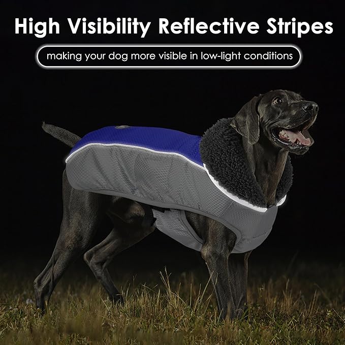 Dog Coat, Waterproof Ripstop Dog Winter Jacket with Leash Hole, Reflective Adjustable Warm Pet Fleece Snow Sweater for Small Medium Large Dogs - Blue, L