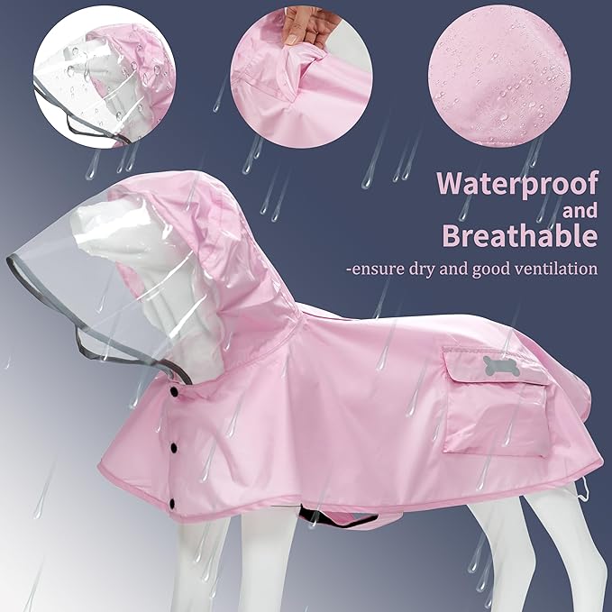 Waterproof Dog Raincoat, Adjustable Reflective Lightweight Pet Rain Clothes with Poncho Hood (Light Pink, X-Small)