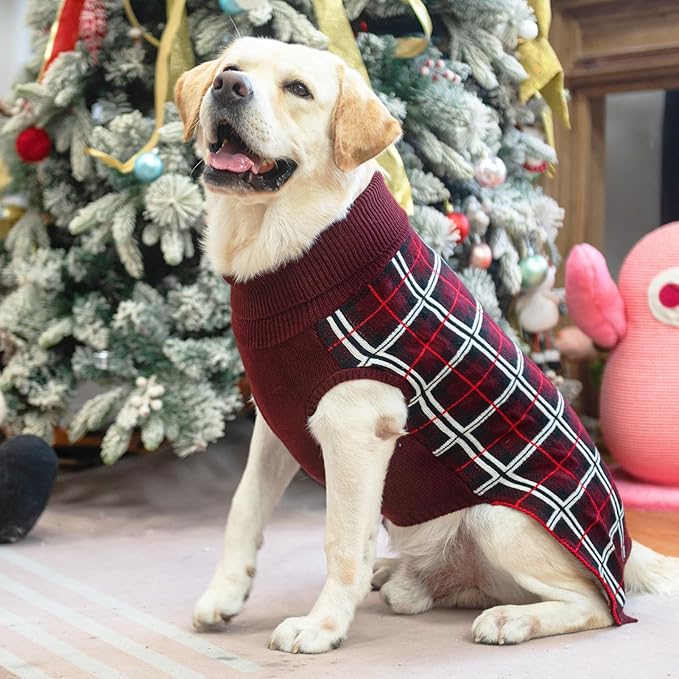 PUPTECK Dog Christmas Sweaters for Large Medium Small Dogs - Fall Classic Plaid Style Puppy Holiday Winter Coat Clothes Warm, Deep Red, XS