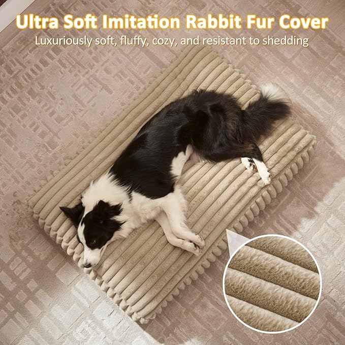 Dog Beds Large Sized Dog, Flat Pet Beds with Removable Washable Cover, Pet Mat Cute Pet Crate Bed Thick Shredded Chopped Crate Foam & Anti Slip Bottom for Indoor, 35"x23"x4" Beige